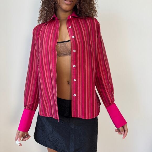 Vintage Italian fuchsia striped silk blouse (Medium) - Picture 3 of 7